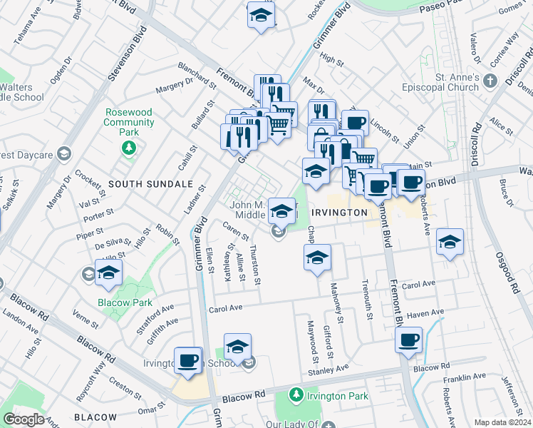map of restaurants, bars, coffee shops, grocery stores, and more near in Fremont