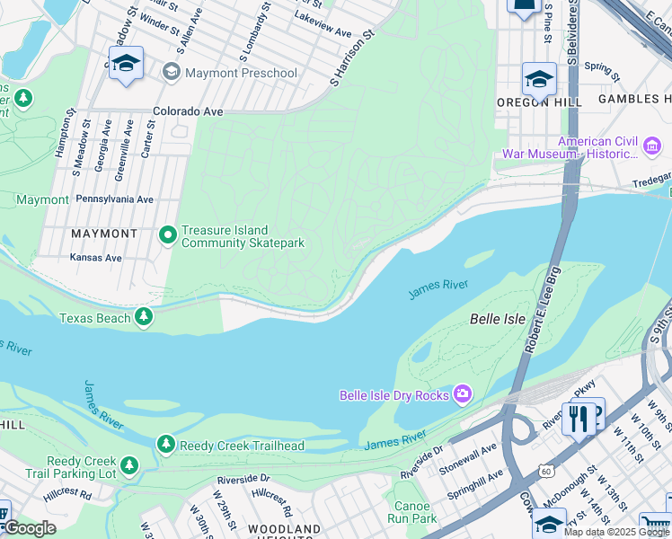 map of restaurants, bars, coffee shops, grocery stores, and more near North Bank Trail in Richmond