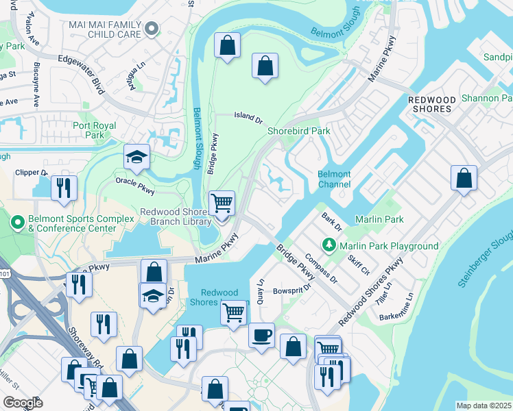 map of restaurants, bars, coffee shops, grocery stores, and more near 24 Pelican Lane in Redwood City