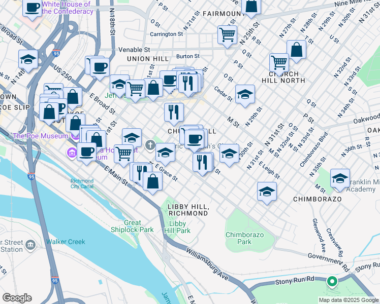 map of restaurants, bars, coffee shops, grocery stores, and more near 324 North 27th Street in Richmond