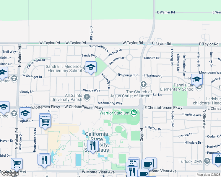 map of restaurants, bars, coffee shops, grocery stores, and more near 4192 Piccadilly Lane in Turlock
