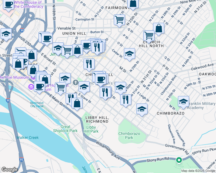 map of restaurants, bars, coffee shops, grocery stores, and more near 412 North 28th Street in Richmond