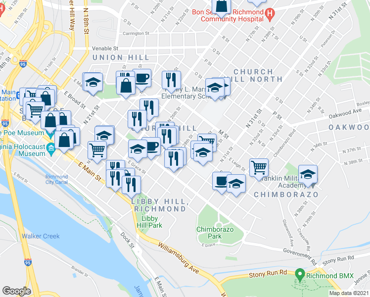 map of restaurants, bars, coffee shops, grocery stores, and more near 2801 East Clay Street in Richmond