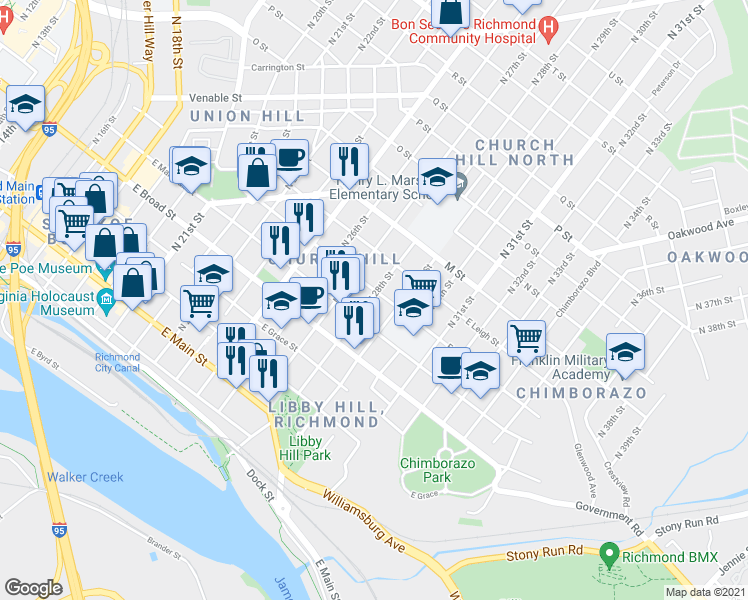 map of restaurants, bars, coffee shops, grocery stores, and more near 2801 East Clay Street in Richmond