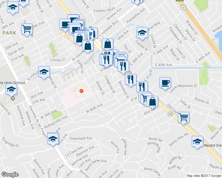 map of restaurants, bars, coffee shops, grocery stores, and more near 3914 Colegrove Street in San Mateo