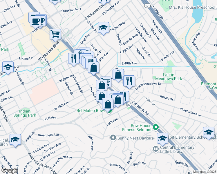 map of restaurants, bars, coffee shops, grocery stores, and more near 4071 South El Camino Real in San Mateo