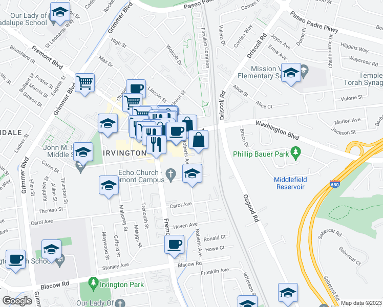 map of restaurants, bars, coffee shops, grocery stores, and more near 3761 Tivoli Garden Terrace in Fremont