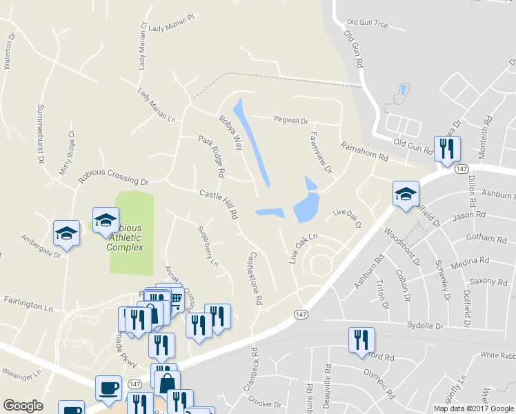 map of restaurants, bars, coffee shops, grocery stores, and more near 2600 Robys Way in Midlothian