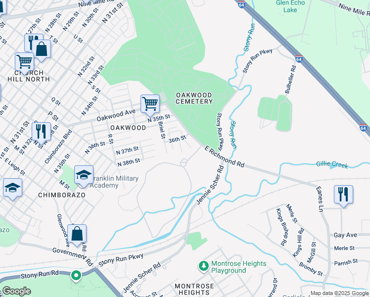 map of restaurants, bars, coffee shops, grocery stores, and more near 3516 East Richmond Road in Richmond