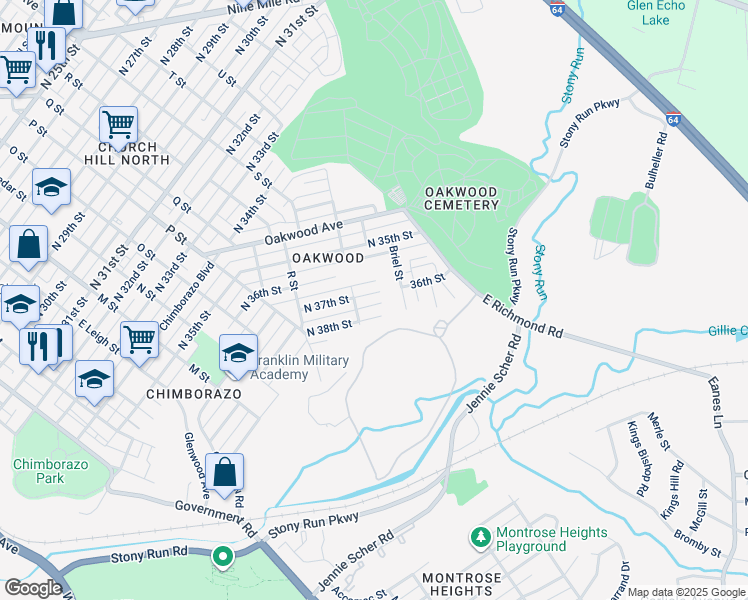 map of restaurants, bars, coffee shops, grocery stores, and more near 1307 North 37th Street in Richmond