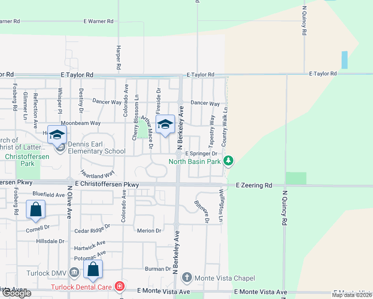 map of restaurants, bars, coffee shops, grocery stores, and more near 4177 Ivory Lane in Turlock