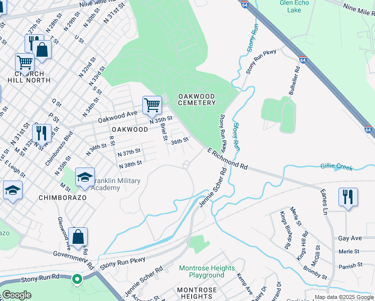 map of restaurants, bars, coffee shops, grocery stores, and more near 3516 East Richmond Road in Richmond