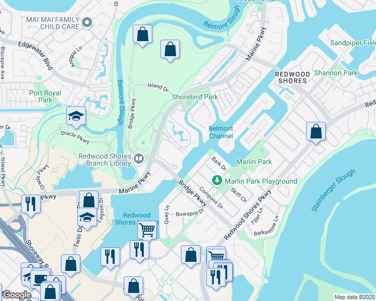 map of restaurants, bars, coffee shops, grocery stores, and more near 137 Shorebird Circle in Redwood City