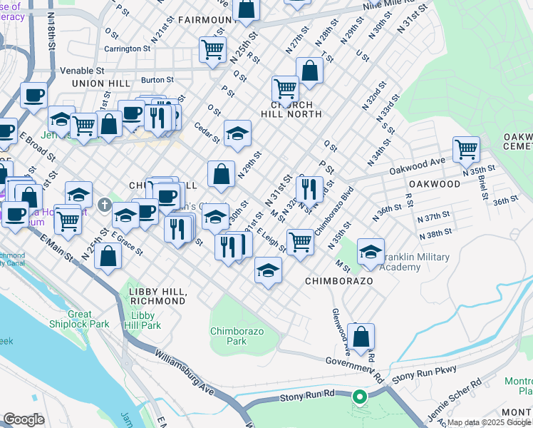 map of restaurants, bars, coffee shops, grocery stores, and more near 621 North 31st Street in Richmond