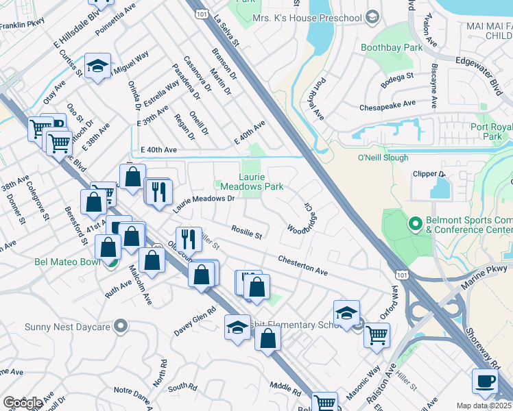 map of restaurants, bars, coffee shops, grocery stores, and more near 204 Woodbridge Circle in San Mateo