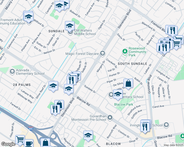 map of restaurants, bars, coffee shops, grocery stores, and more near 4720 Stevenson Boulevard in Fremont
