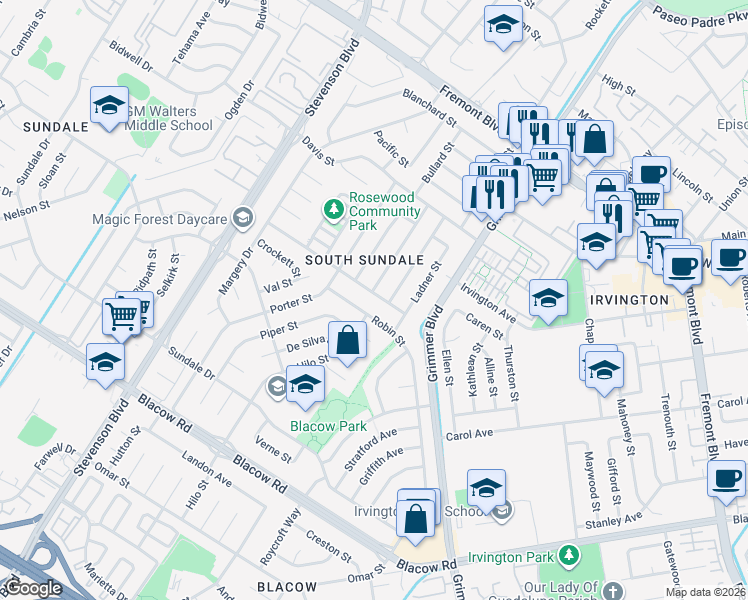 map of restaurants, bars, coffee shops, grocery stores, and more near 40431 Laiolo Road in Fremont