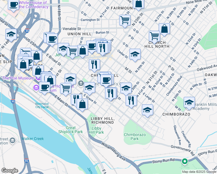 map of restaurants, bars, coffee shops, grocery stores, and more near 405 North 27th Street in Richmond