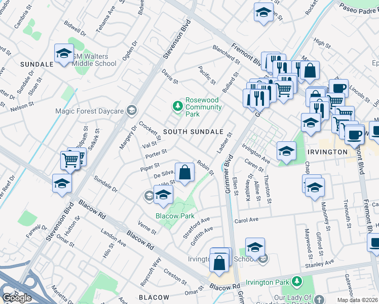 map of restaurants, bars, coffee shops, grocery stores, and more near 40431 Laiolo Road in Fremont