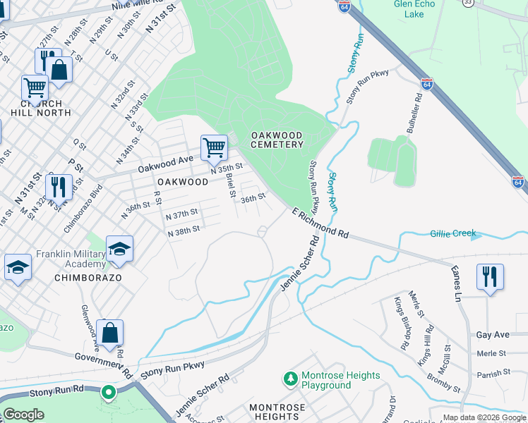 map of restaurants, bars, coffee shops, grocery stores, and more near 3530 East Richmond Road in Richmond