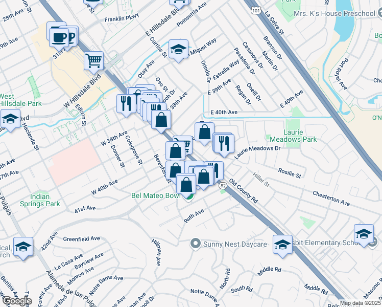 map of restaurants, bars, coffee shops, grocery stores, and more near 4071 S El Camino Real in San Mateo