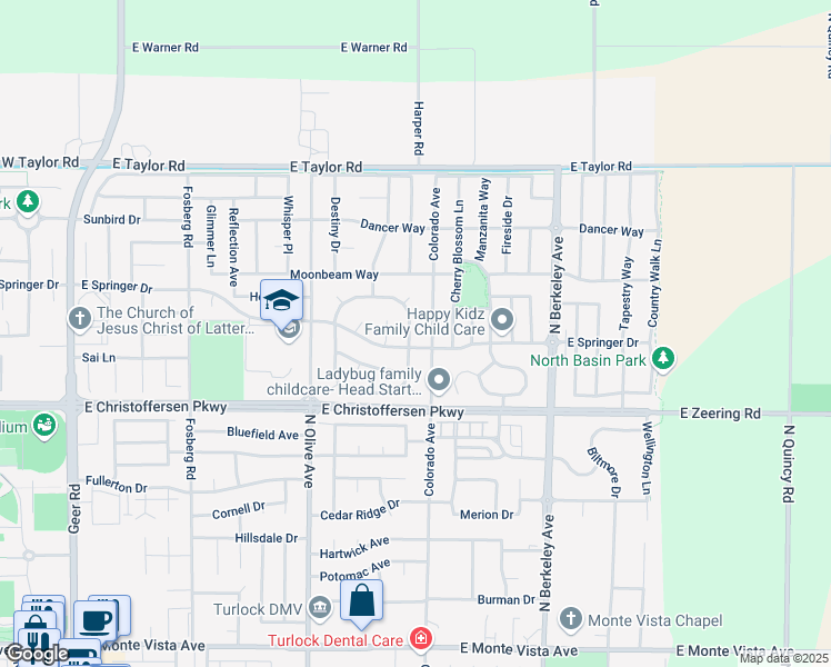 map of restaurants, bars, coffee shops, grocery stores, and more near 4383 Bardini Way in Turlock