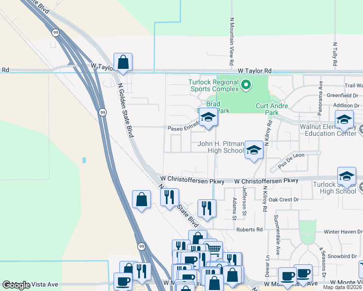 map of restaurants, bars, coffee shops, grocery stores, and more near 4012 Limestone Road in Turlock