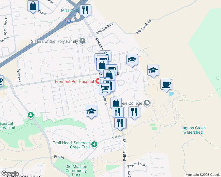 map of restaurants, bars, coffee shops, grocery stores, and more near 43433 Mission Boulevard in Fremont