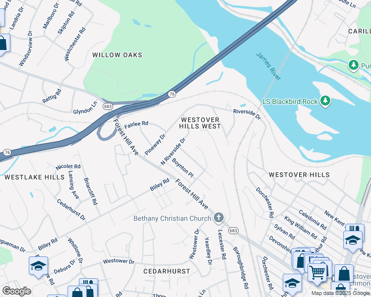 map of restaurants, bars, coffee shops, grocery stores, and more near 5716 Woodburn Road in Richmond