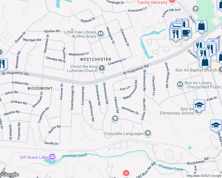 map of restaurants, bars, coffee shops, grocery stores, and more near 2700 Fillmore Road in Richmond
