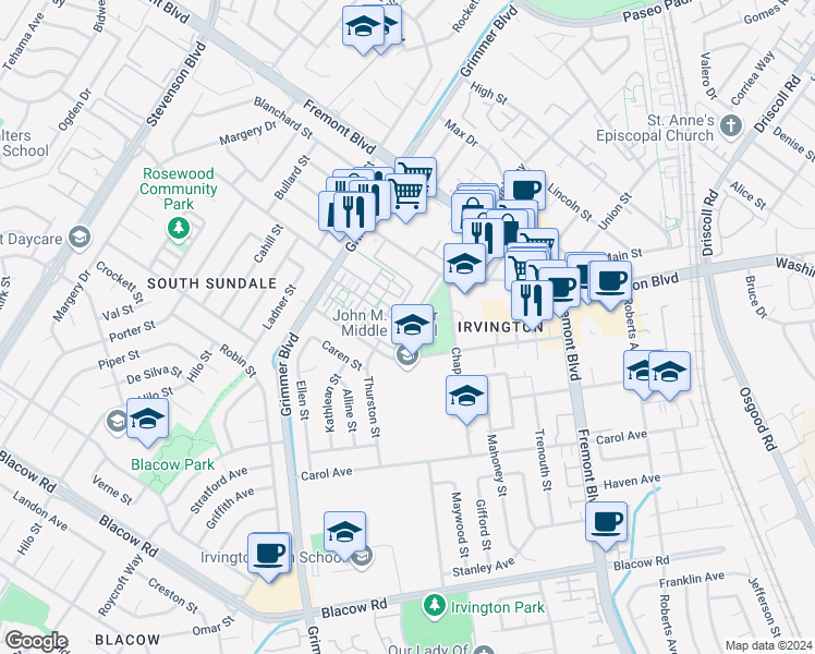 map of restaurants, bars, coffee shops, grocery stores, and more near 4481 Westerly Common in Fremont