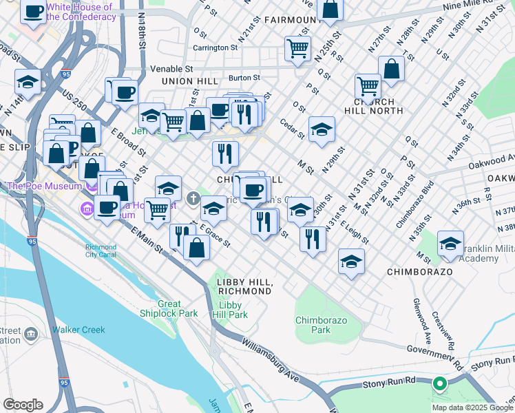 map of restaurants, bars, coffee shops, grocery stores, and more near 405 North 27th Street in Richmond