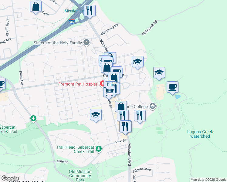 map of restaurants, bars, coffee shops, grocery stores, and more near 43433 Mission Boulevard in Fremont