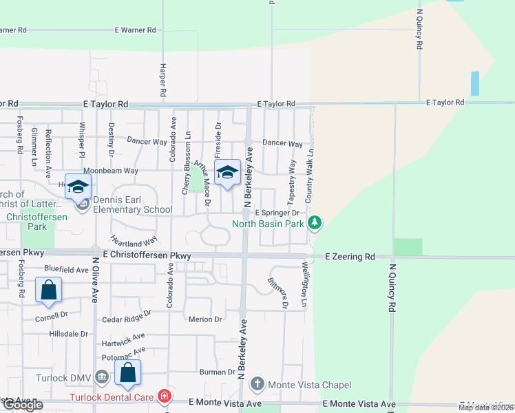 map of restaurants, bars, coffee shops, grocery stores, and more near 4177 Ivory Lane in Turlock