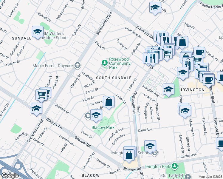 map of restaurants, bars, coffee shops, grocery stores, and more near 40431 Laiolo Road in Fremont