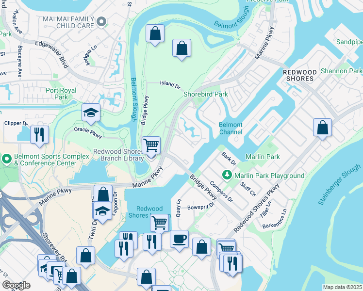 map of restaurants, bars, coffee shops, grocery stores, and more near 56 Cove Lane in Redwood City