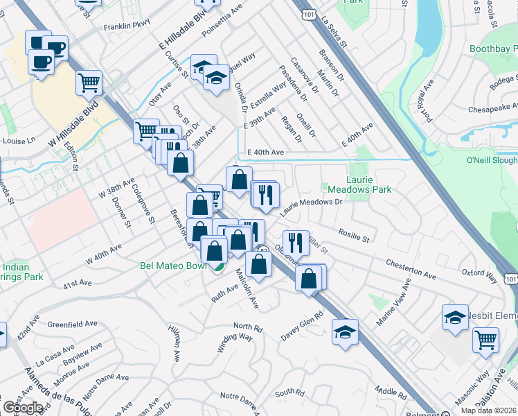 map of restaurants, bars, coffee shops, grocery stores, and more near 4111 George Avenue in San Mateo