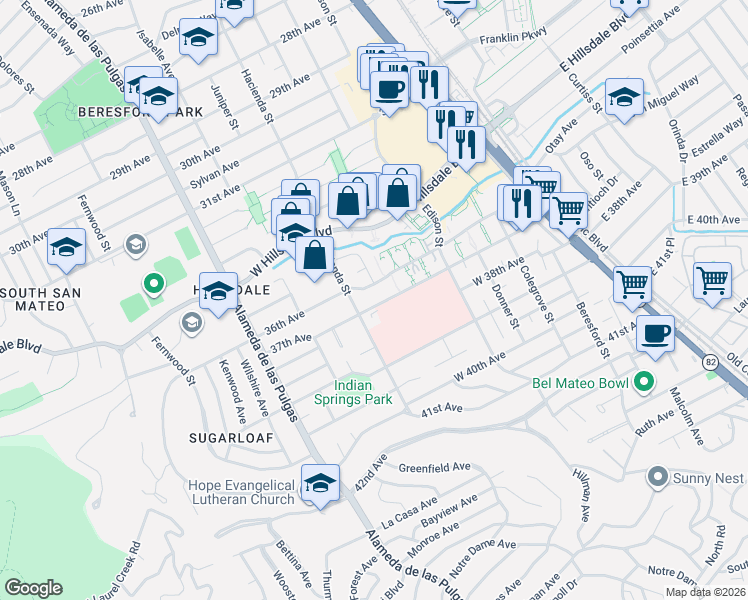 map of restaurants, bars, coffee shops, grocery stores, and more near 274 37th Avenue in San Mateo