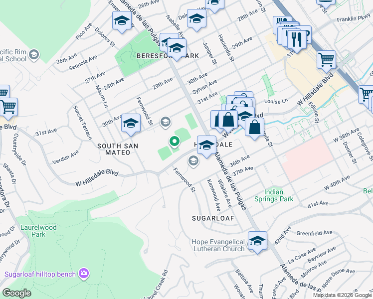 map of restaurants, bars, coffee shops, grocery stores, and more near 532 West Hillsdale Boulevard in San Mateo