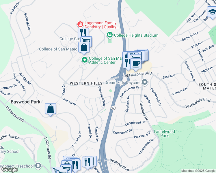 map of restaurants, bars, coffee shops, grocery stores, and more near 1051 West Hillsdale Boulevard in San Mateo
