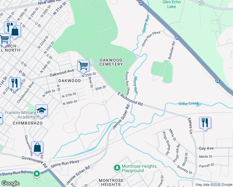 map of restaurants, bars, coffee shops, grocery stores, and more near 3800 East Richmond Road in Richmond