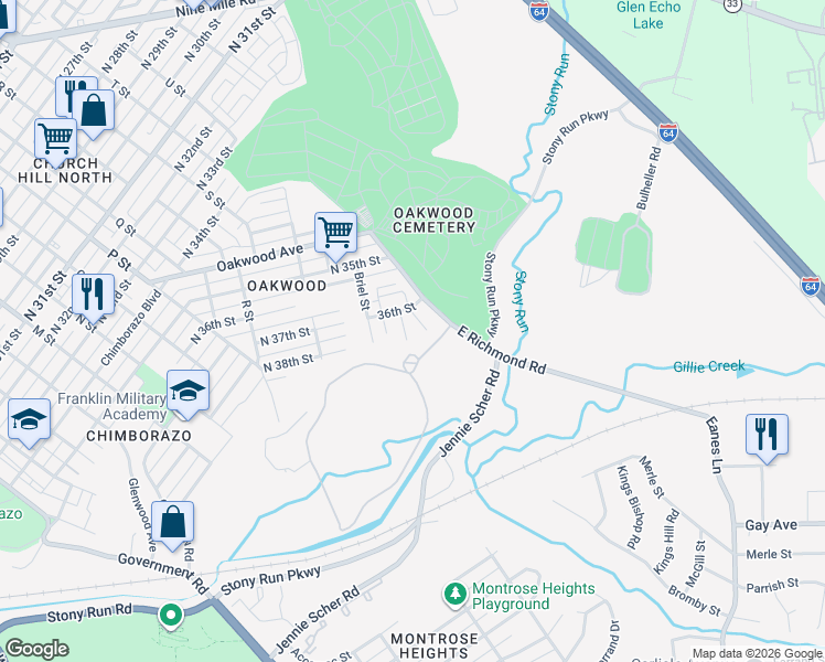 map of restaurants, bars, coffee shops, grocery stores, and more near 3530 East Richmond Road in Richmond