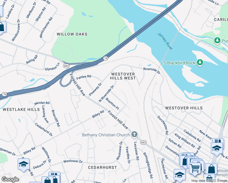 map of restaurants, bars, coffee shops, grocery stores, and more near 5716 Woodburn Road in Richmond