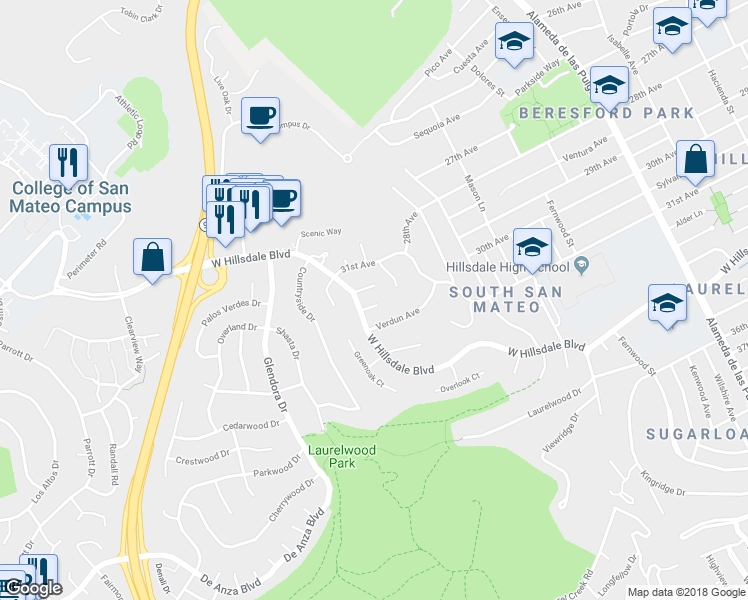 map of restaurants, bars, coffee shops, grocery stores, and more near 6 Rockwood Court in San Mateo