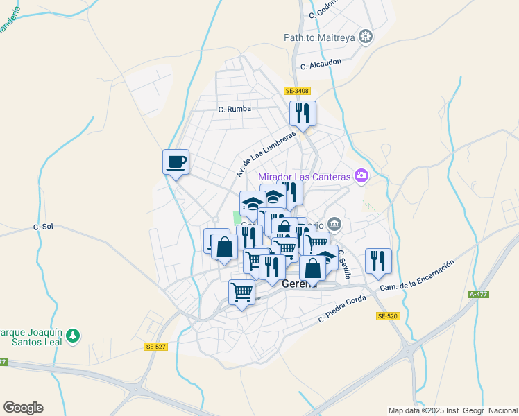 map of restaurants, bars, coffee shops, grocery stores, and more near 13 Calle Jose Quiros de la Rosa in Gerena