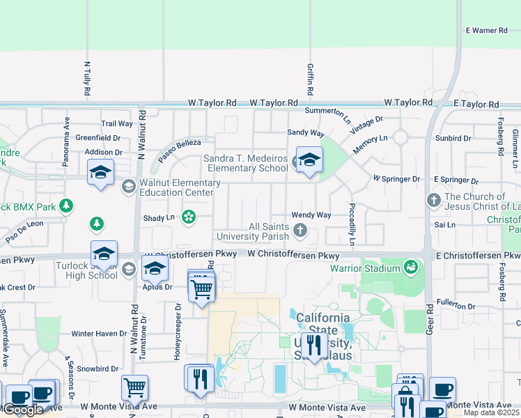 map of restaurants, bars, coffee shops, grocery stores, and more near 4186 Piro Court in Turlock