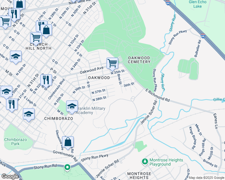 map of restaurants, bars, coffee shops, grocery stores, and more near 1307 North 37th Street in Richmond