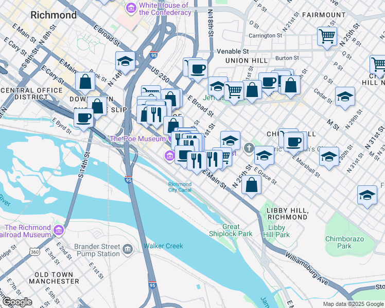 map of restaurants, bars, coffee shops, grocery stores, and more near 2109 East Franklin Street in Richmond