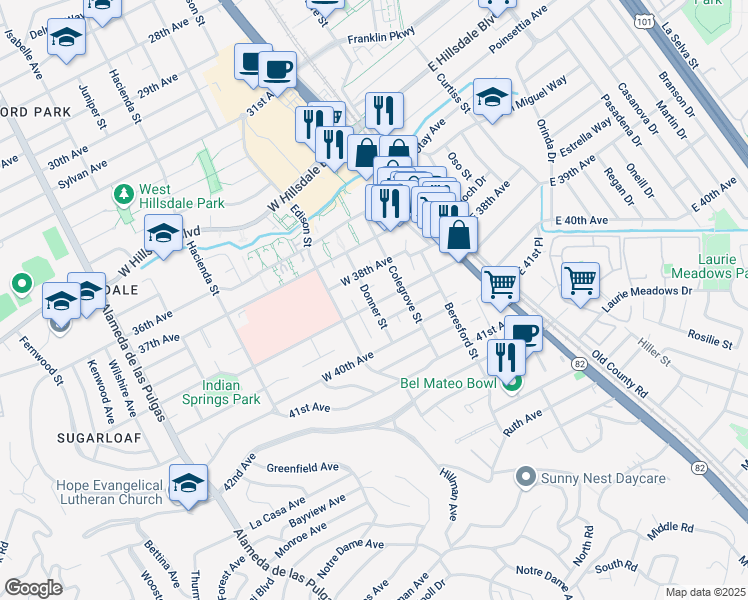 map of restaurants, bars, coffee shops, grocery stores, and more near 3835 Donner Street in San Mateo