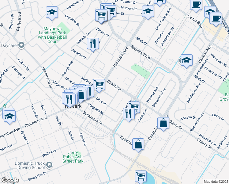 map of restaurants, bars, coffee shops, grocery stores, and more near 6623 Graham Avenue in Newark